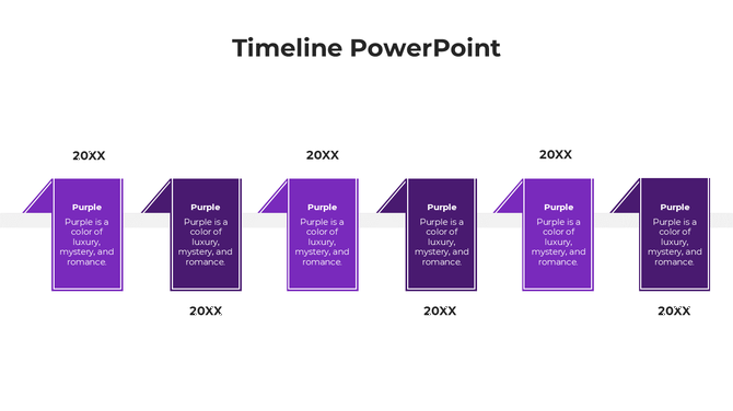 Timeline design featuring six purple vertical rectangles with triangular side folds on a white bar across the slide.
