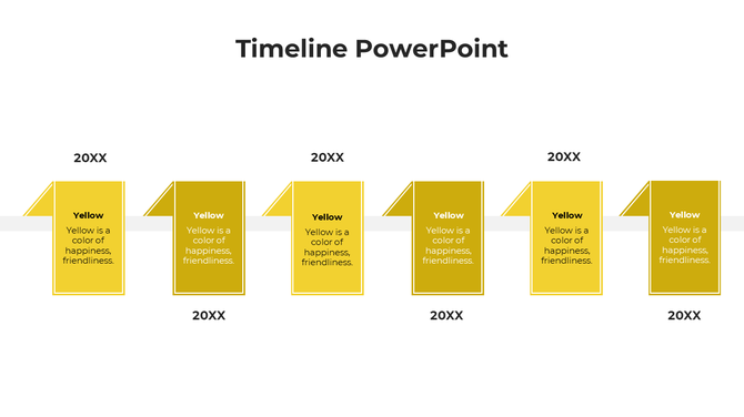 Linear timeline featuring six yellow page-like shapes with captions, evenly spaced along a horizontal line.