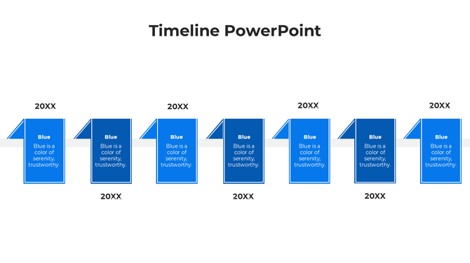 Timeline slide in blue theme, featuring seven evenly spaced event markers with a consistent text format.