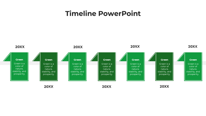 Modern timeline with six vertical green folded page graphics, aligned along a central horizontal path with placeholder years.