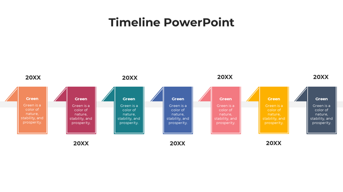 Modern timeline with six vertical folded page graphics in different colors, aligned along a central horizontal path.