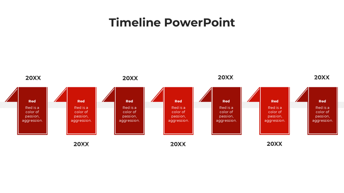 Horizontal timeline with six red folded page graphics, each linked to a year placeholder and aligned on a central axis.