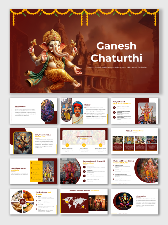Ganesh Chaturthi slide deck with deity illustrations, festive decorations, and informative slides on history and traditions.