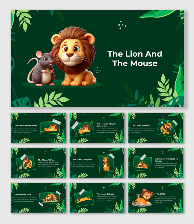 A pack of 3D lion and mouse slides featuring characters standing together in a jungle setting on a green theme.