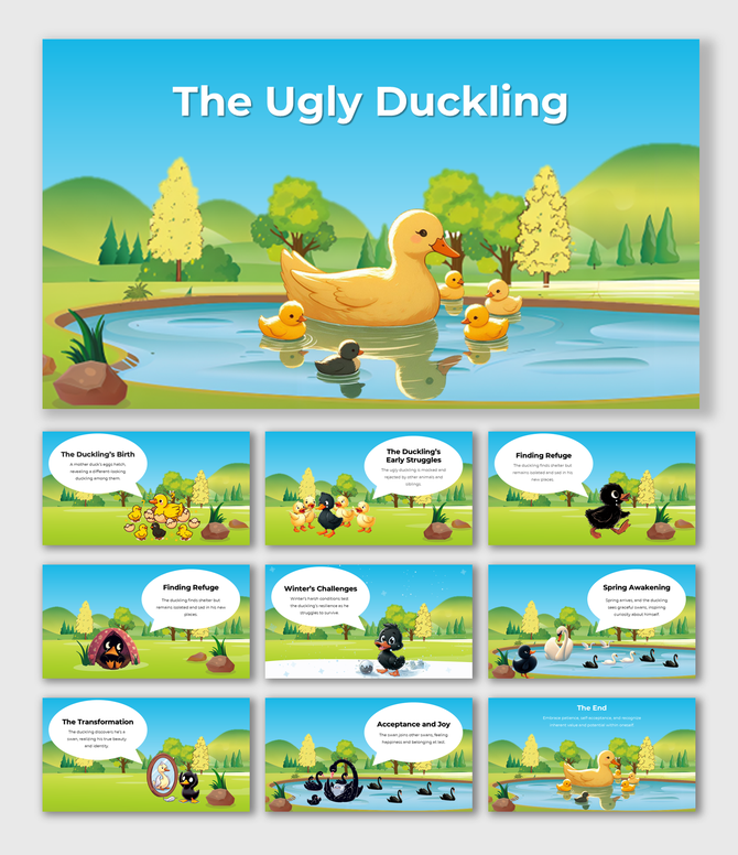 A pack of colorful Ugly Duckling story scene PPT slides showing a mother duck and her ducklings in a peaceful pond setting.