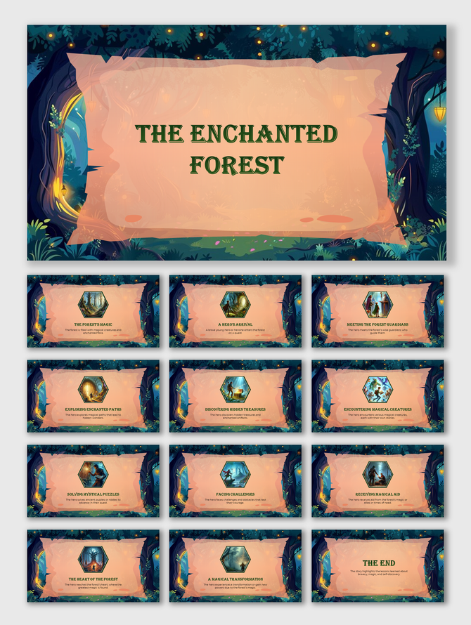 Enchanted forest tale featuring a dark wooded backdrop, scroll frames, and hexagonal illustrations on each chapter slide.
