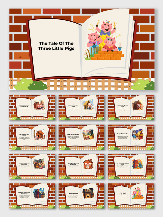 A pack of tales of three little pigs PPT slides with one building a straw house, one a stick house, and one a brick house.