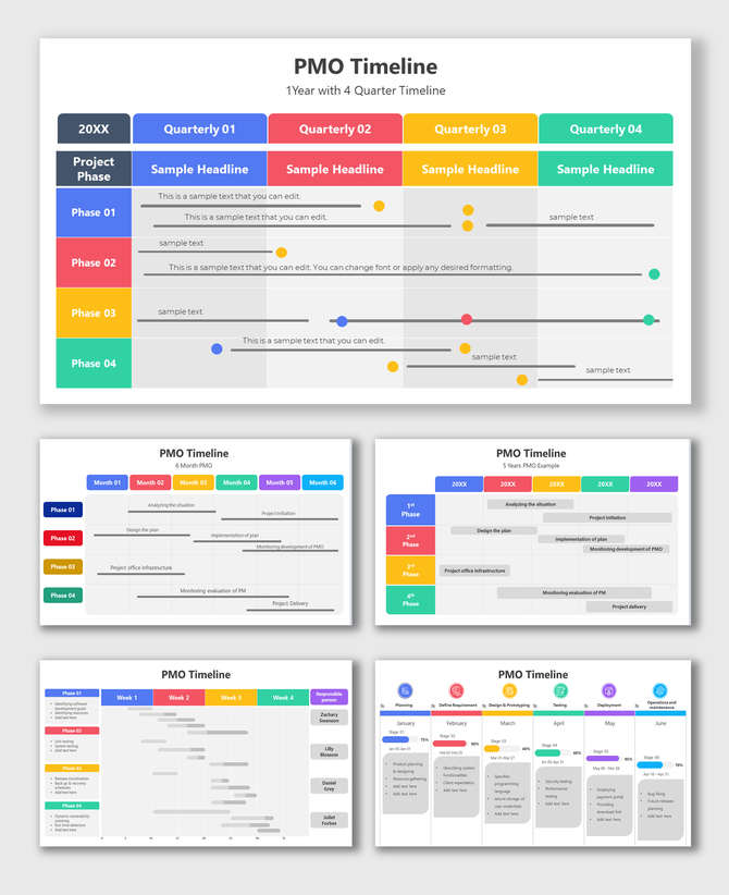 Colorful PMO timeline infographic PowerPoint slides illustrating project phases with text with different layouts.