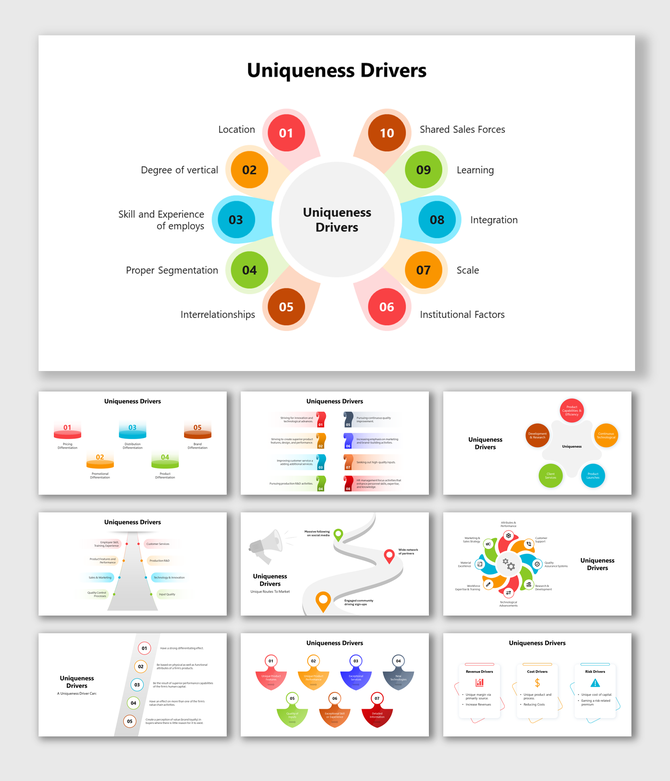 Uniqueness drivers PowerPoint slides featuring different colorful layout designs with icons and text descriptions.