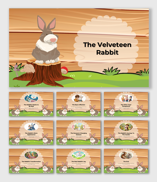 Presentation slides showing a velveteen rabbit's transformation to real, with cozy nursery and garden themed illustrations.
