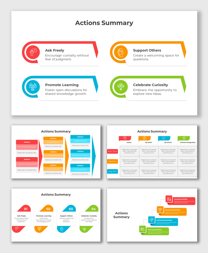 Action summary PPT slides outlining the steps in different colorful layout designs and icons with text descriptions.