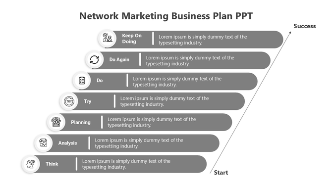 A network marketing business plan PPT slide with a pyramid like progression of stages from Think to keep on doing with icons.