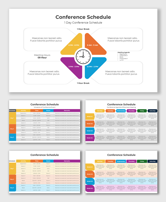 Week-long conference schedule chart with daily events and time blocks, featuring vibrant color codes for each day.