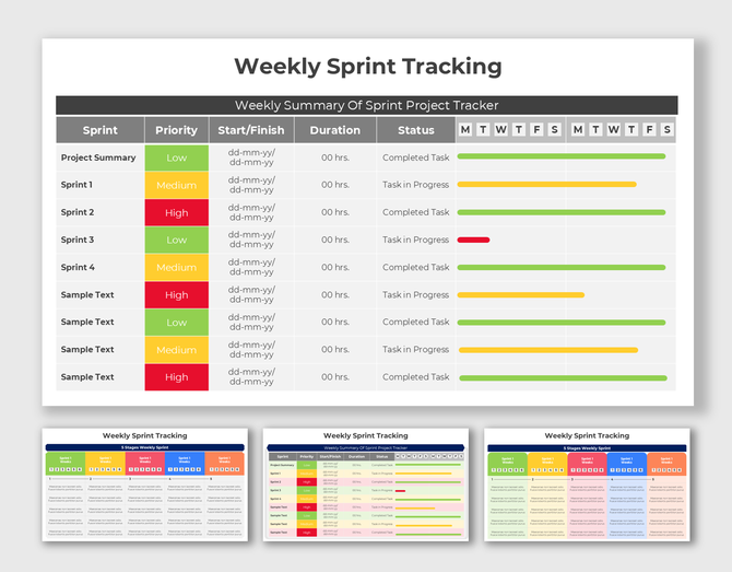 Sprint tracker showing tasks, priorities, and completion statuses across multiple sprints with a colorful progress timeline.