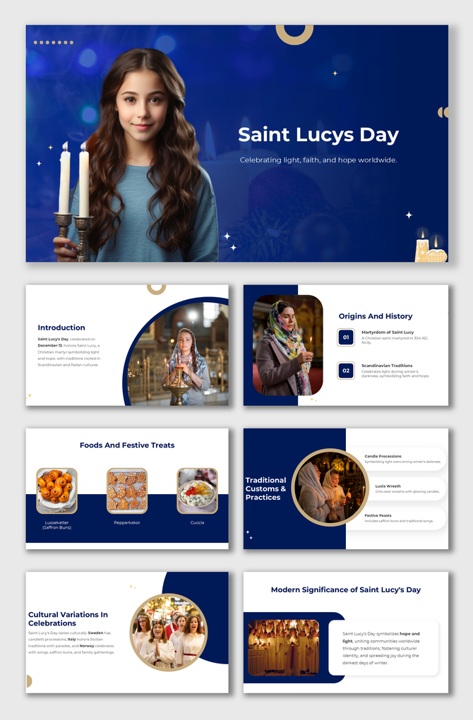 Saint Lucy's Day slides with candle procession visuals, wreaths, and festive saffron buns, in vibrant thematic colors.