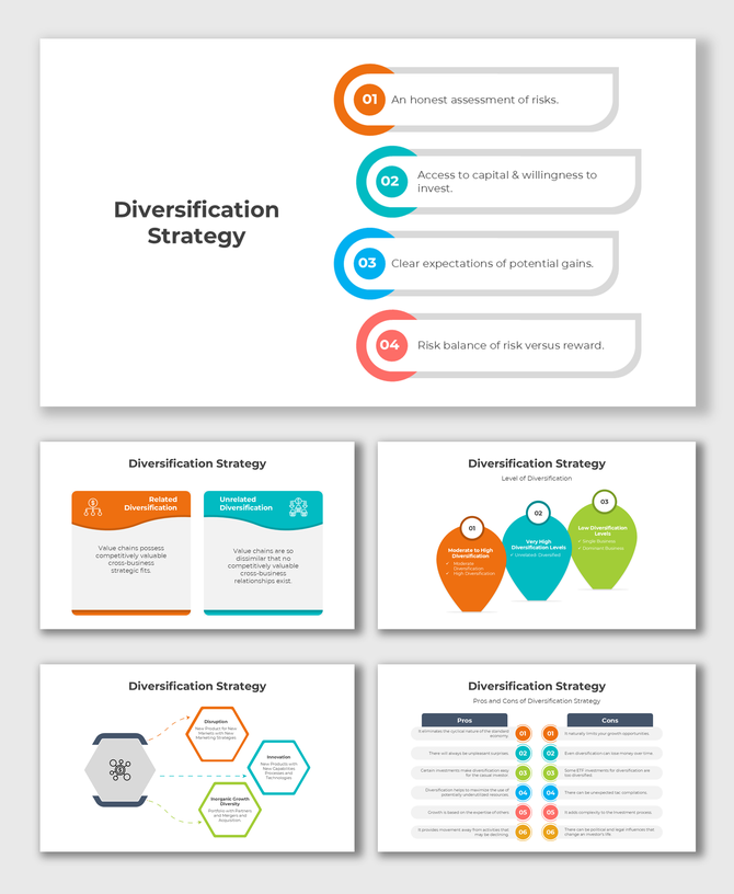 Colorful Diversification Strategy with orange, blue, and red accents, highlighting risk and growth principles.
