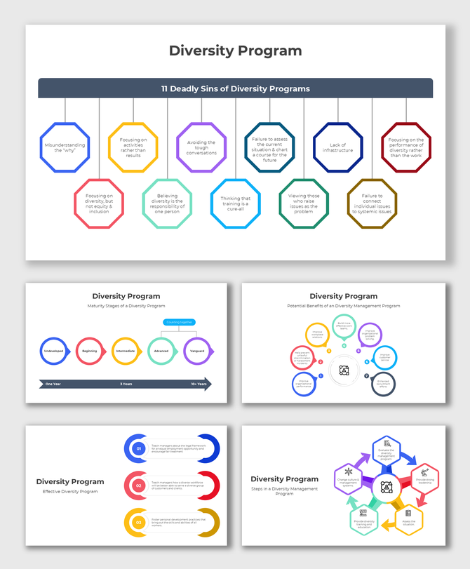 Diversity Program presentation with circular icons and arrows, emphasizing maturity stages and program benefits.