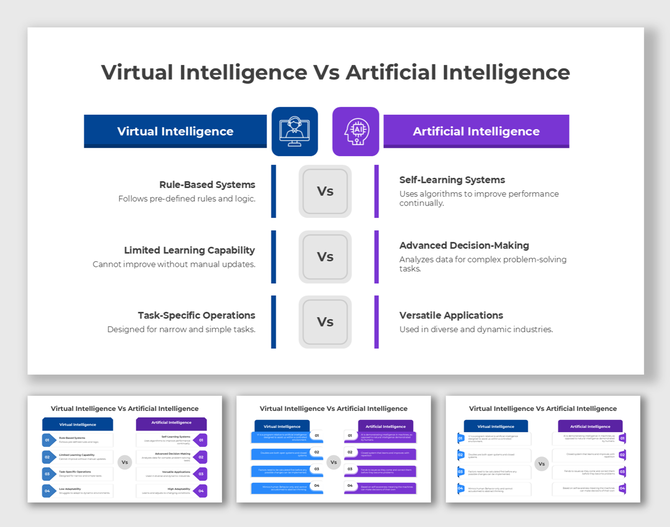 Comparison of Virtual Intelligence Vs Artificial Intelligence using colors, icons, and clear structured layout.