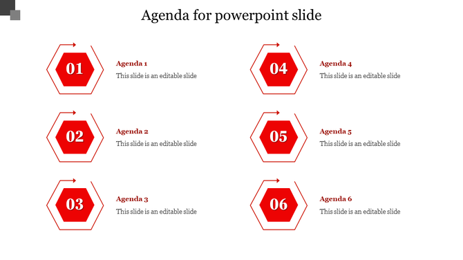 Agenda slide with six red hexagons labeled 01 to 06, each followed by a title and text, arranged in two columns with arrows.