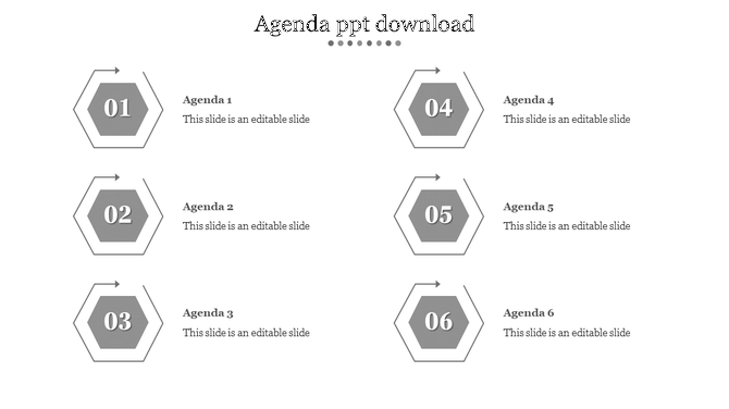 Agenda PPT slide with six grey hexagonal numbered sections, each linked to a corresponding agenda item on a white backdrop.