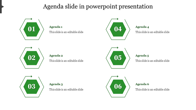 Agenda slide with six green hexagons labeled 01 to 06, each followed by agenda titles and text, arranged in two columns.