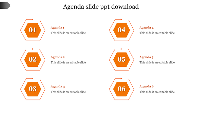 Vertical list of six orange hexagonal agenda items, each with an outlined arrow and a numbered step.