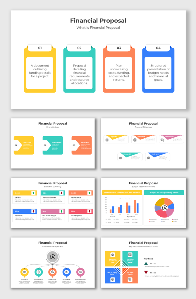 Financial Proposal slides with colorful charts, key metrics, goals, and cash flow visuals for detailed budget planning.