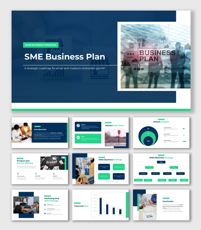 SME Business Plan slides in blue-green theme, showcasing market analysis, financial plans, and strategy diagrams with charts.