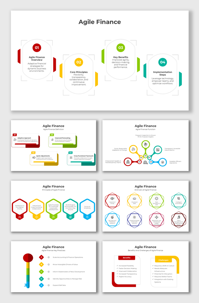 Agile Finance slides in red, yellow, green, showing adaptive strategies, benefits, principles, and drivers clearly.