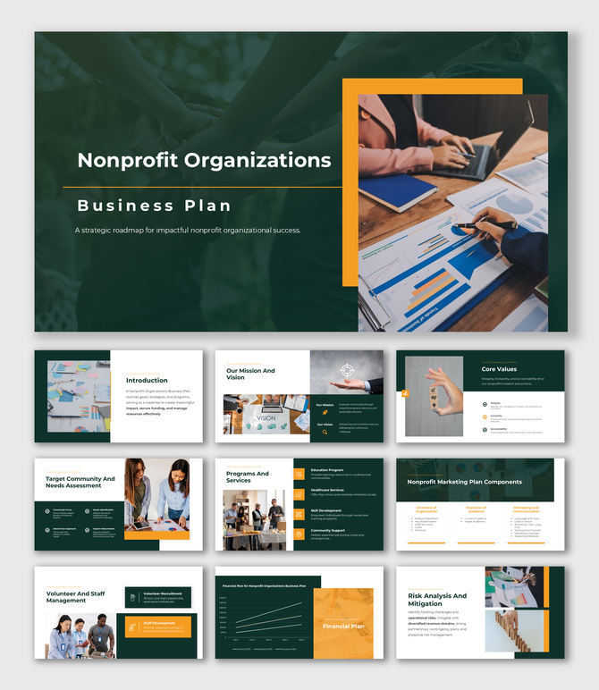 Alt: Overview of a 10-slide Nonprofit Business Plan deck featuring green layouts for mission, financials, and impact analysis.