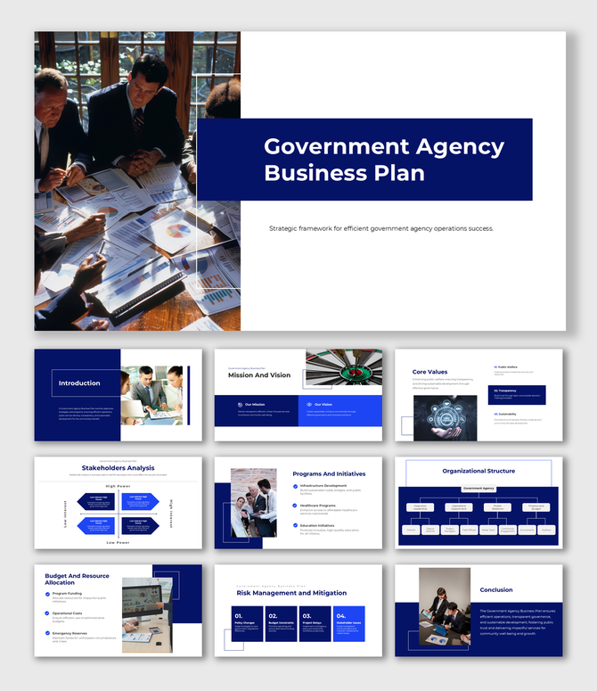 Blue-accented Government Agency Business Plan slides cover mission, resource allocation, and stakeholder roles for strategy.