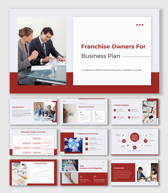Alt: Overview of a 10-slide Franchise Owners Business Plan deck featuring red layouts for franchise models, financials, and ROI analysis.