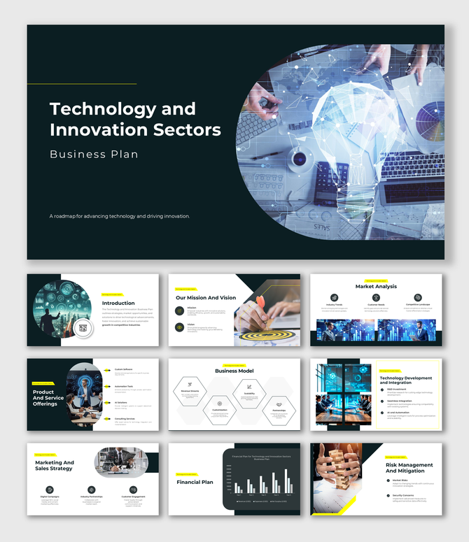 Comprehensive Technology And Innovation Sectors Business Plan slides with innovation-driven visuals, clear text, and graphs.