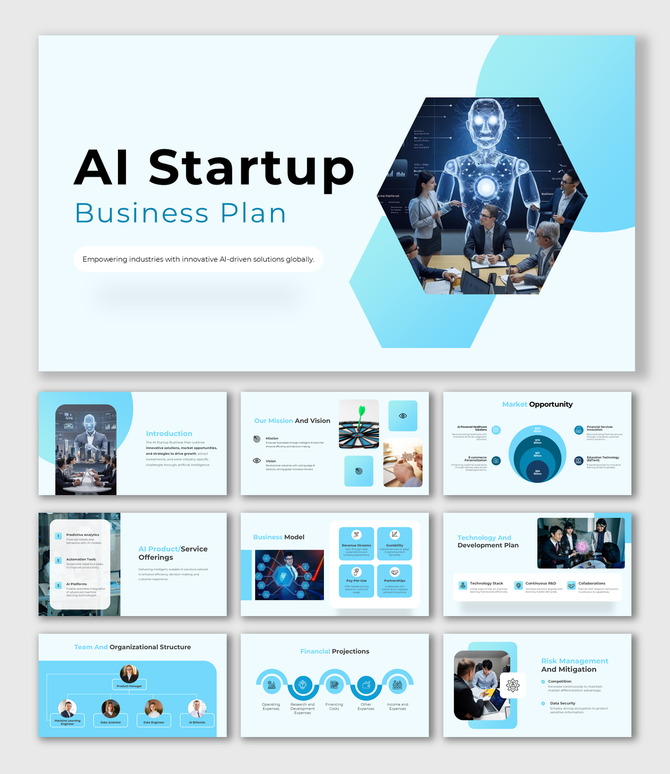 Alt: Overview of a 10-slide AI Startup Business Plan deck featuring light blue layouts for market opportunity, team charts, and strategy.