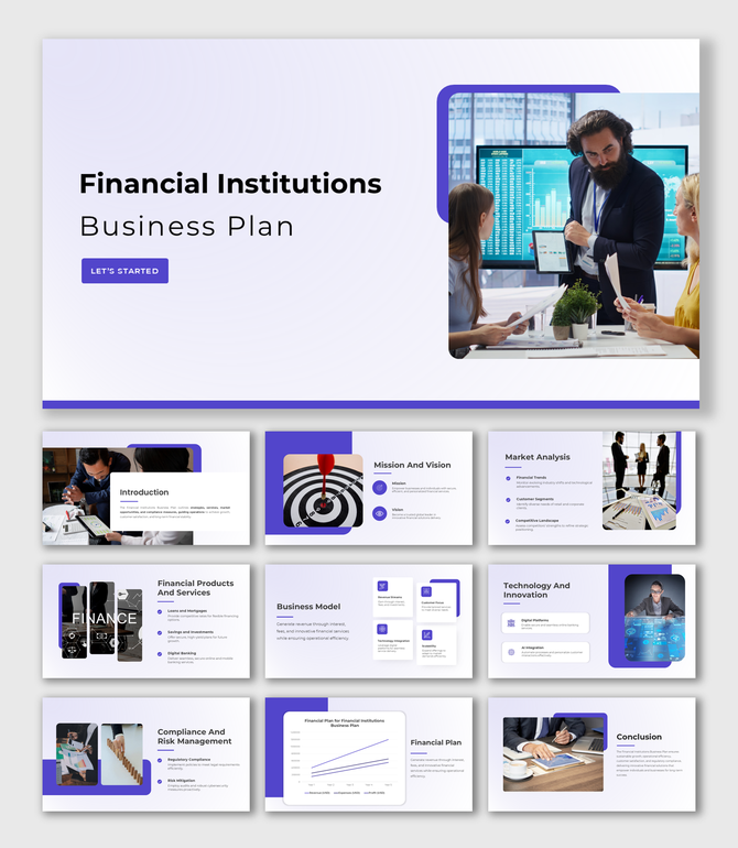 Financial Institutions Business Plan with charts, market trends, services, and blue-purple theme visuals.