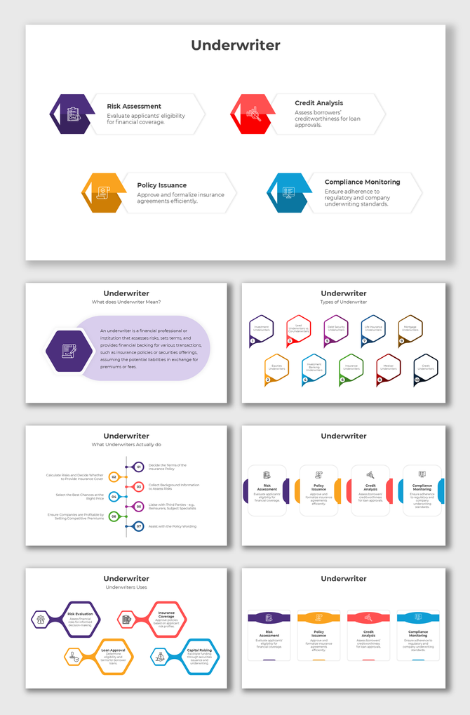 Underwriter slide showcasing risk assessment, credit analysis, policy issuance, and compliance in colorful hexagons.