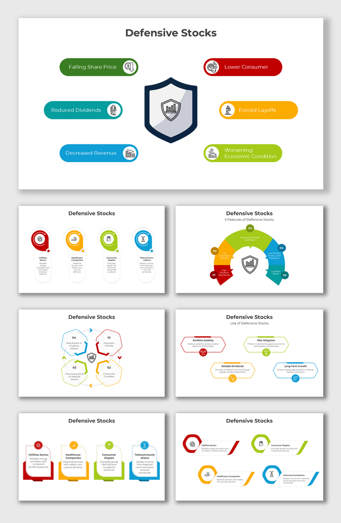 Defensive Stocks slide featuring shield icon, colorful text boxes, and insights on stability, dividends, and low risk.