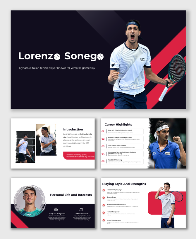 Lorenzo Sonego slide deck with bold navy-red theme, career highlights, playing style, personal life, and achievements.