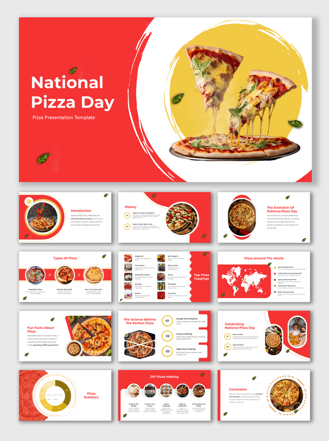 National Pizza Day template with vibrant red-yellow tones, showcasing pizzas, world map, and pizza statistics visually.