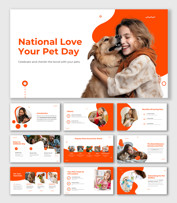 National Love Your Pet Day presentation with playful orange shapes, highlighting popular pets, lessons, and pet essentials.
