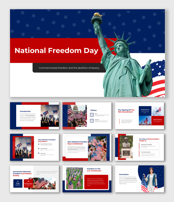 National Freedom Day slides featuring Statue of Liberty, U.S. flag, history, 13th Amendment, and societal freedom insights.