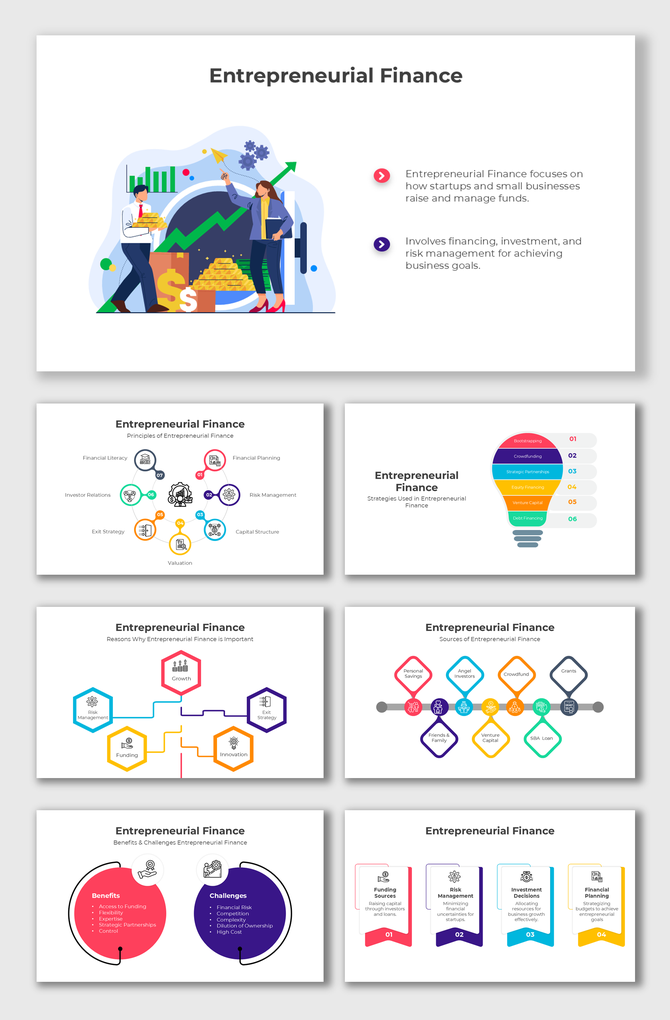 Entrepreneurial Finance presentation highlights principles, sources, and benefits with modern icons, graphs, and bold colors.