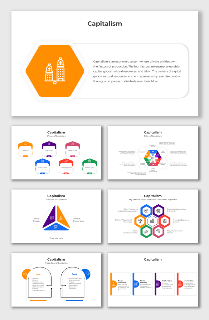 Capitalism slide uses hexagonal icons, vibrant colors, and clean text holders to explain pillars, types, and principles.