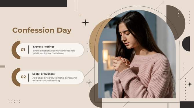 Confession Day layout with soft earthy tones, rounded shapes, a photo of a praying woman, and trust-building suggestions.