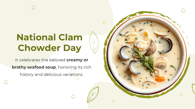 Celebrates creamy clam chowder with fresh herbs, clams, and a light green background design.