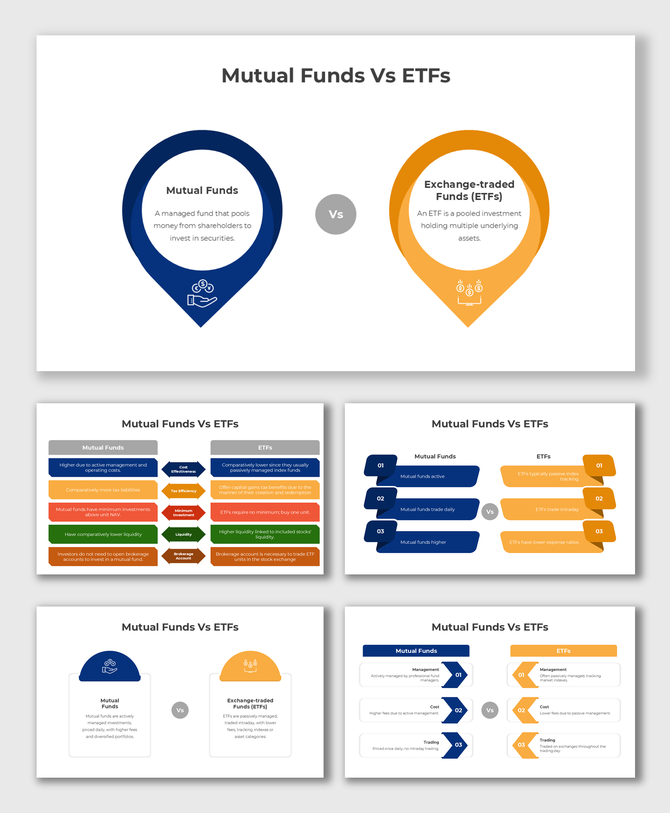 Blue and orange markers contrast mutual funds’ active management with ETFs’ passive, lower-cost structure.