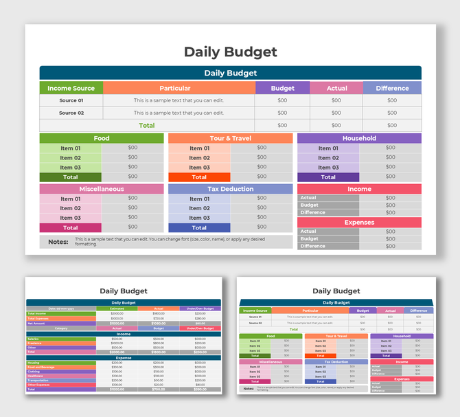 Organized table showcasing income, expenses, and categories like food, travel, and household with vibrant colors.
