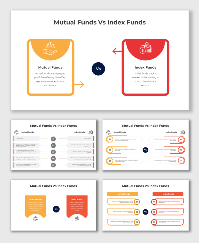 Mutual Funds Vs Index Funds slides compare returns, fees, risks in orange-red tones with icons, shapes, and text boxes.