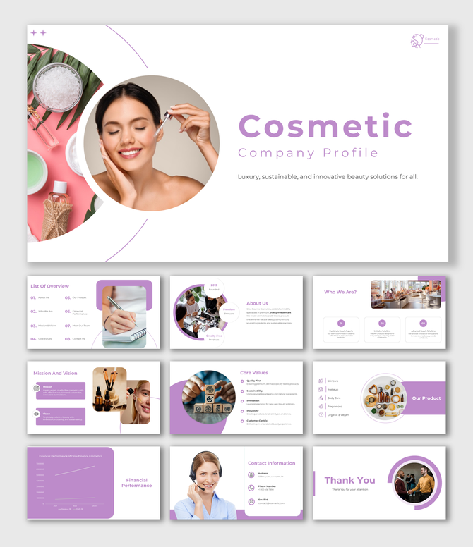 Cosmetic Company Profile in lavender with luxury beauty solutions, charts, product photos, and circular elements.