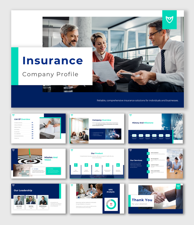 Insurance Company Profile with blue accents, service icons, leadership photos, milestones timeline, and NPS analysis chart.